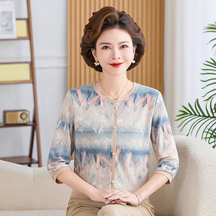 

Plus Size Loose Summer Print 3/4 Sleeve T-shirt for Middle-Aged & Elderly Women 5XL синий
