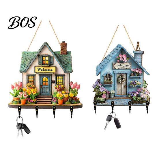 Durable Key Hook Wooden Fairy House Hanging Sign, Cottage Holder Wall Decor with 4 Entryway Storage Hooks, Vintage Flower Rack for Hallway Kitchen