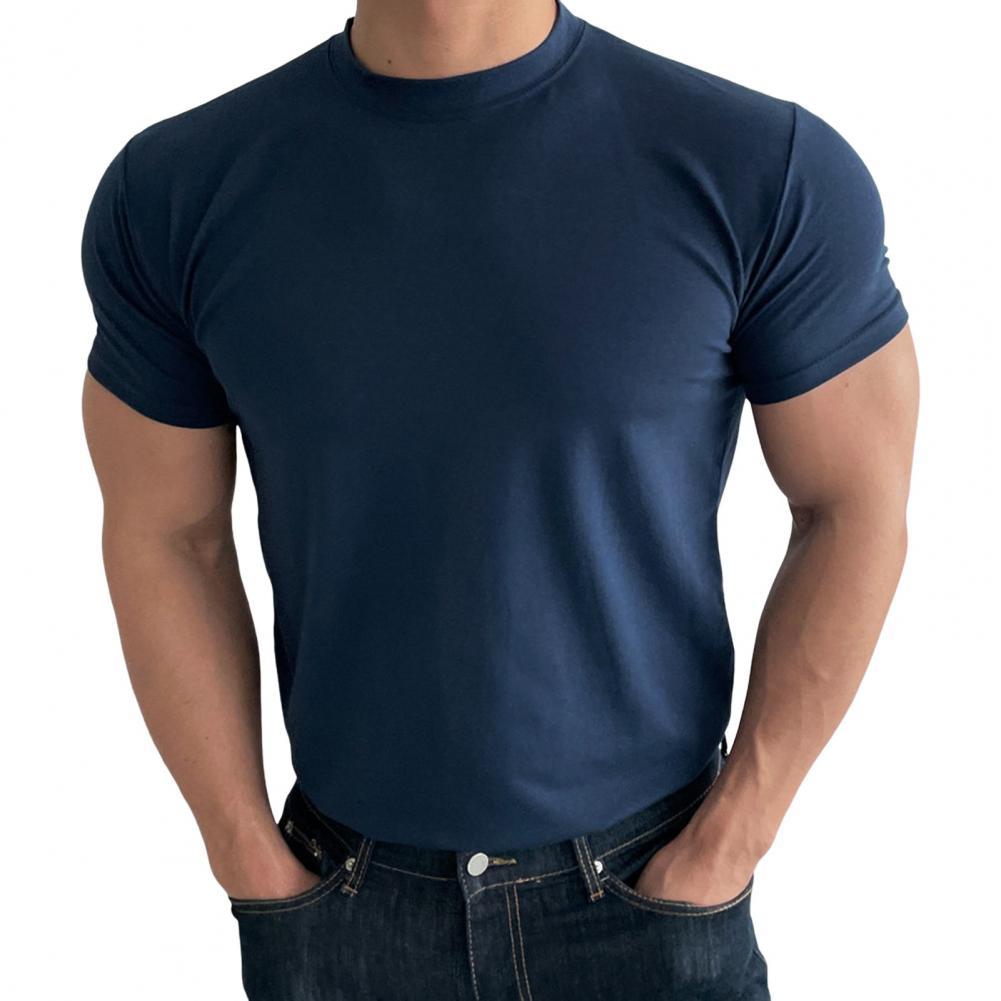 Summer Men Top Sweat Absorption Quick-drying Short Sleeves O Neck Slim Fit Solid Color Thin Breathable Elastic Casual Pullover D