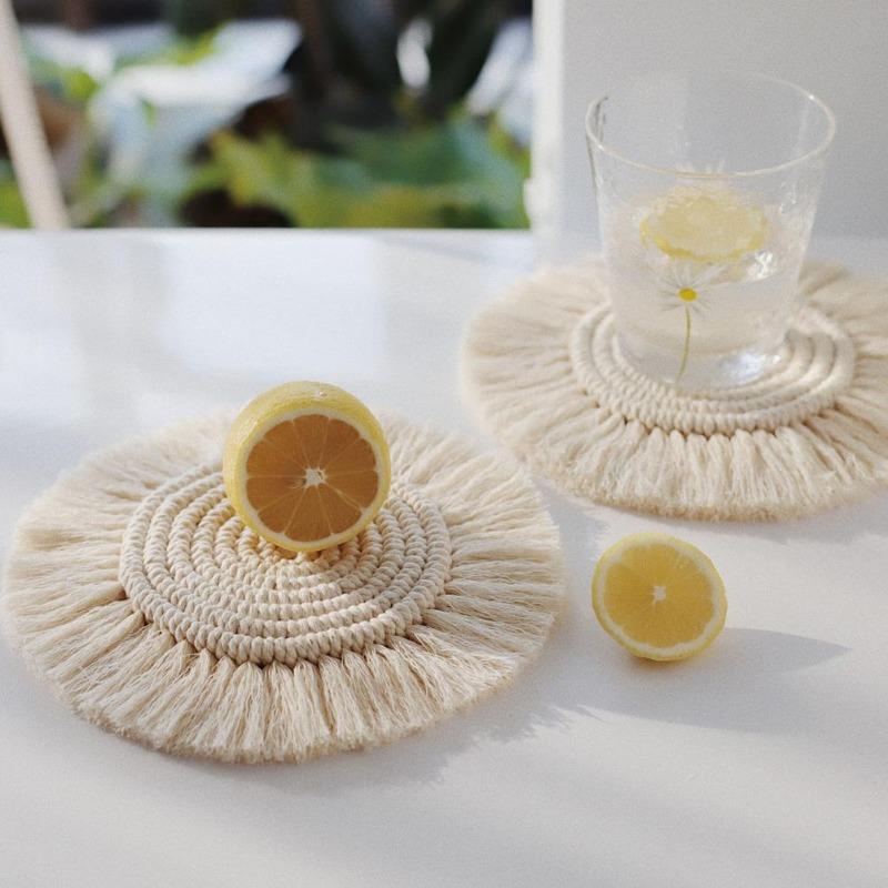 Posavasos trenzado de algodón creativo para el hogar, cojín de taza de macramé hecho a mano, tapete antideslizante de estilo bohemio