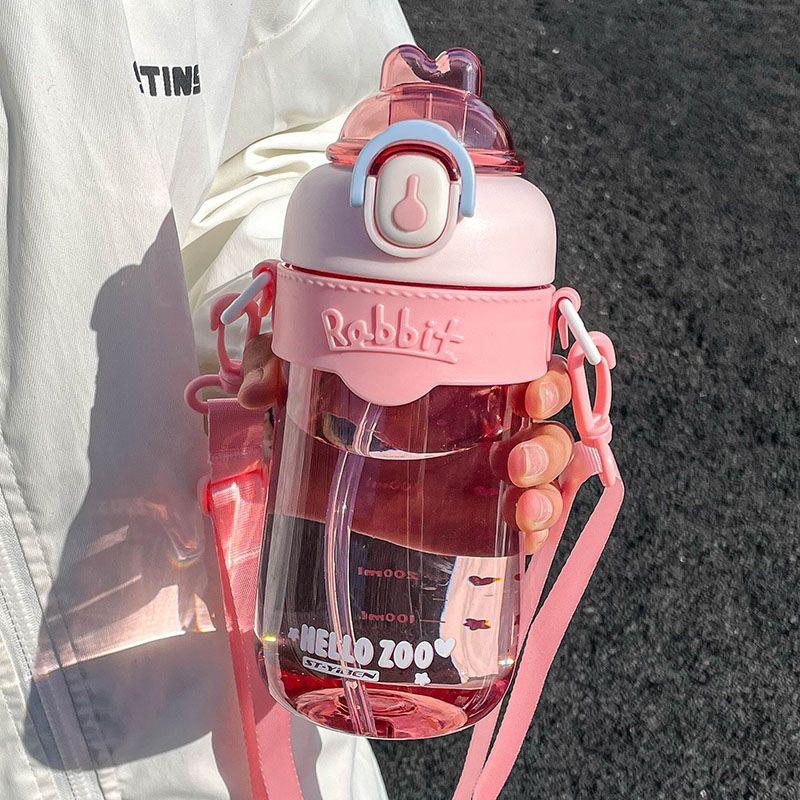 Kawaii Rabbit Plastic Water Bottle For Girls With Straw And Strap Clear Portable Leak-proof Children Water Bottle BPA Free