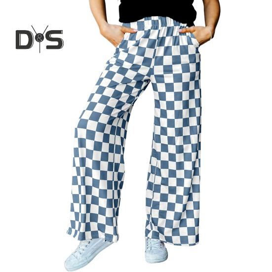 Damenhose, elastisch, hohe Taille, karierter Druck, weites Bein, Freizeithose, lockere Passform, Hose für Urlaub, Arbeit, Alltag