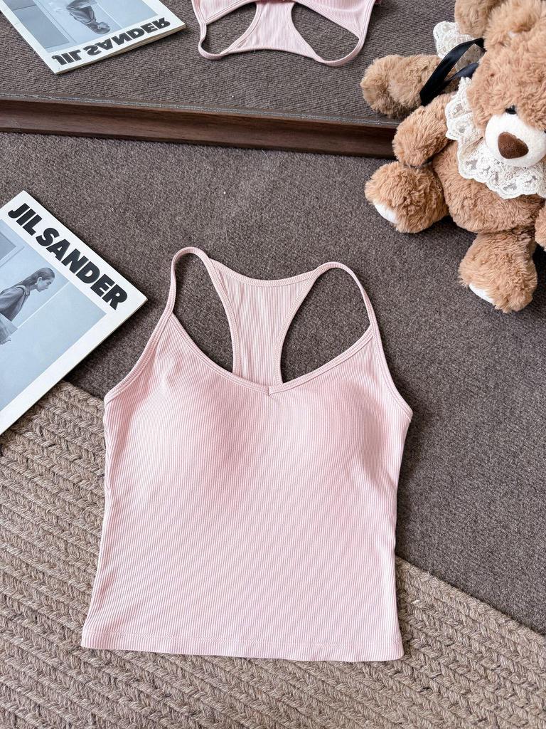 Women's Early Autumn Cutout Shoulder Sleeveless Camisole with Integrated Cups and Chest Pad - New Hot Girl Style