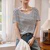 Women's Tencel Wool Naked Feel Fried Thin Skin-friendly Icy Loose T-shirt Summer Short-sleeved Black and White Striped Outerwear Tops