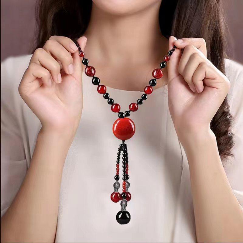 GEMCHIC Women's Vintage Ethnic Long Sweater Necklace with Red Bead Flower Pendant Bohemian Chain Jewelry