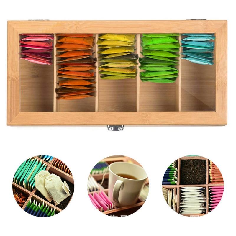 Bamboo Multi-Compartment Tea and Coffee Storage Box with Transparent Glass Lid - Desktop Organizer and Gift Box