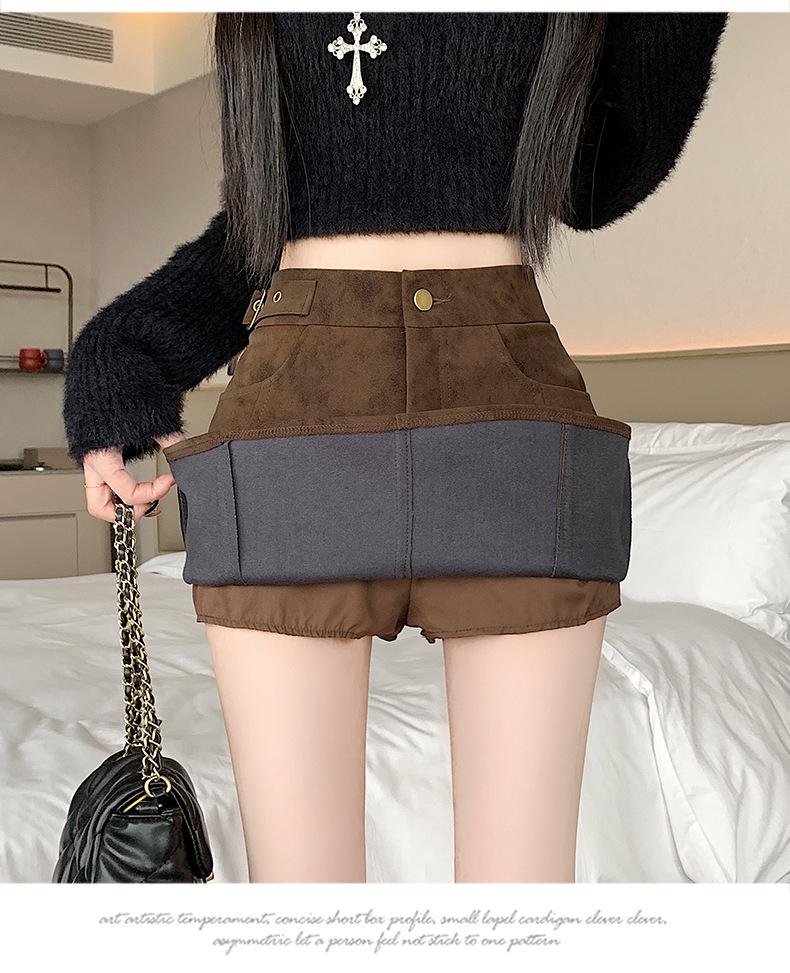 Coffee Suede A-Line High Waist Thickened Short Skirt - Plus Size Women's Hip-Hugging Slim Fit for Spring and Autumn