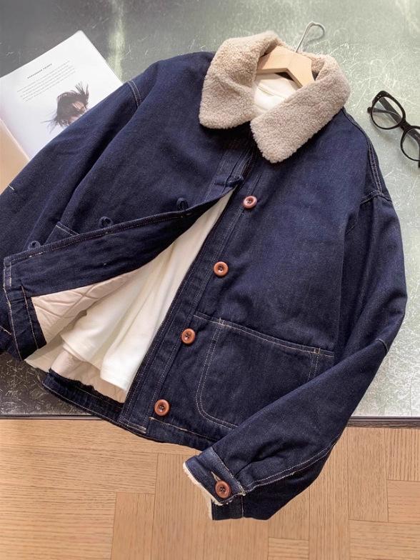 Women's Slimming Lapel Lambswool Padded Denim Jacket - Retro & Versatile