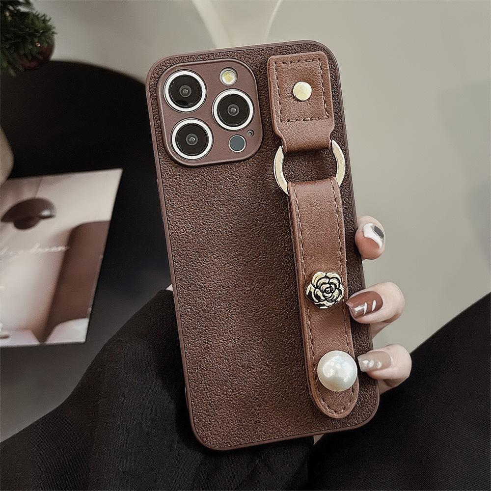 Camellia Wristband IPhone 15 Apple Phone Case 14promax Light Luxury Leather 13 Suitable for 11 Autumn and Winter Retro