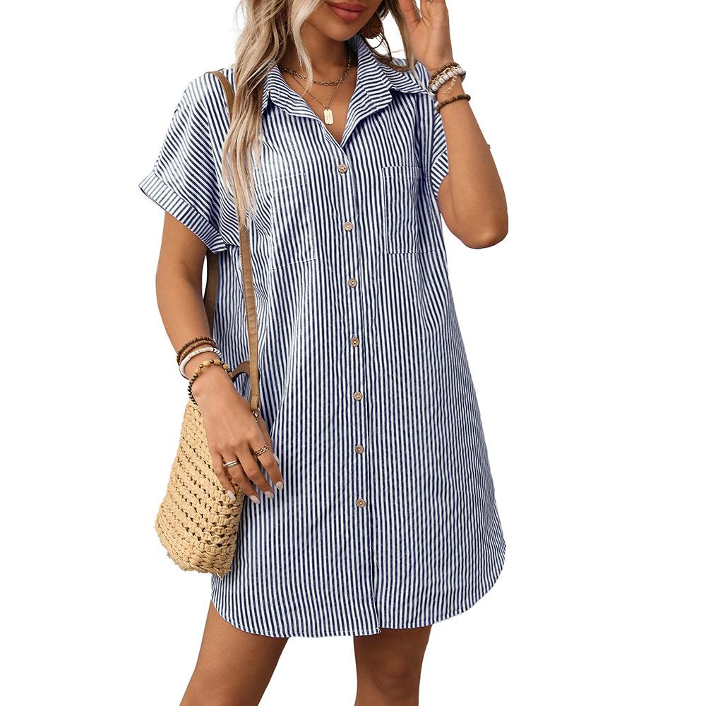 Summer Women's Short Sleeved Striped Cotton Linen Mid Length Shirt for Women Long Shirts