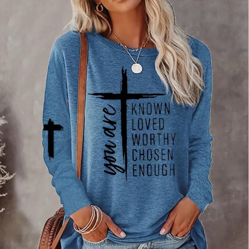 

Топи для жінок Осінній повсякденний тонкий пуловер з круглим вирізом і лозунгом з принтом з довгим рукавом, жіночий топ з довгим рукавом M синій