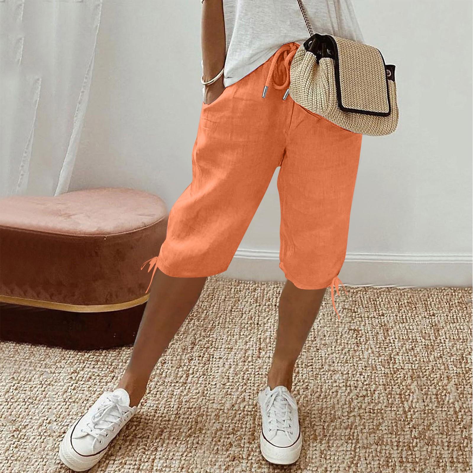 Women Comfortable Casual Pants with Elastic Drawstring Pockets Five Leg Style Pant S