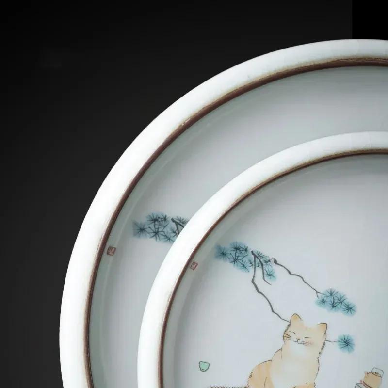 Chinese Ru Kiln Ceramic Tea Tray Teapot Teacup Mat Cute Cat Pot Bearing Round Gaiwan Tray Household Tea Set Decors Accessories