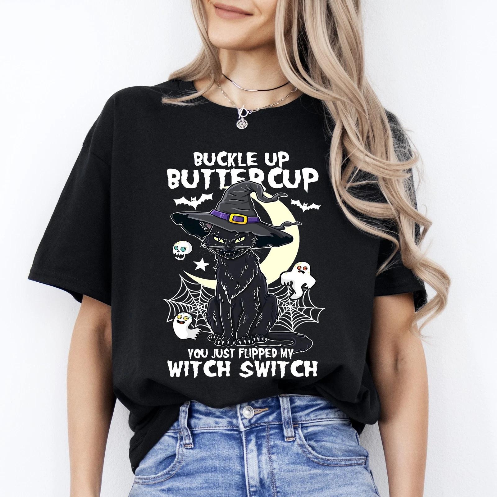 Witch switch black cat Halloween Unisex T-Shirt Scary cat in bad mood tee Black S