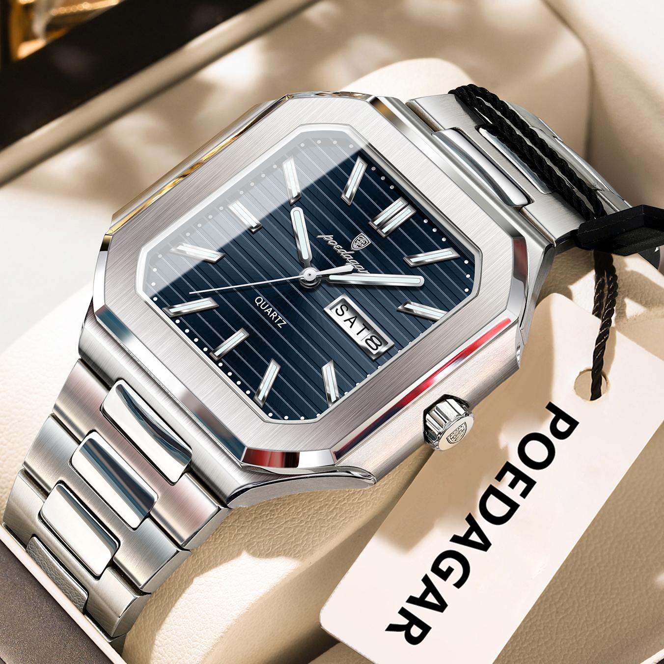

POEDAGAR Luxury Square Fashion Man Wristwatch Waterproof Luminous Date Week Quartz Watches Stainless Steel Watch Reloj