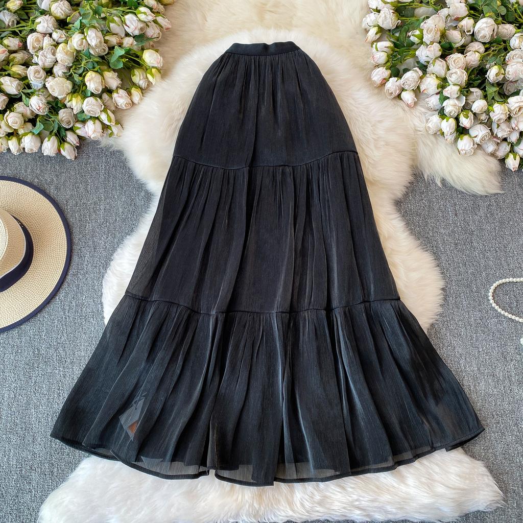 Sommer Herbst Neu Einfarbig Rüschen Patchwork Chiffon Fließender Rock für Damen Hoher Bund Vielseitiger Midi Rock für Damen