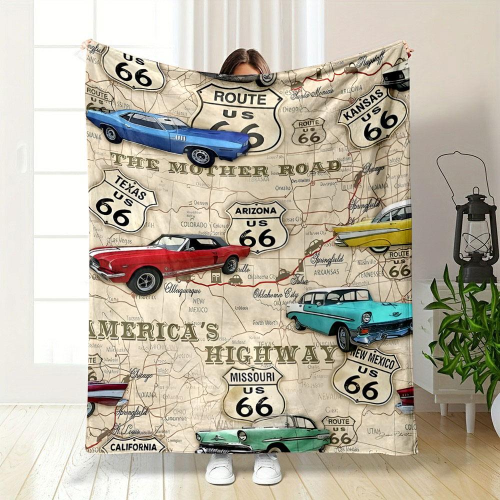 Route 66 Vintage Car Map Blanket Bedroom Blanket for Livingroom Couch Lunch Break Soft Throw for Friend's Festival Gift