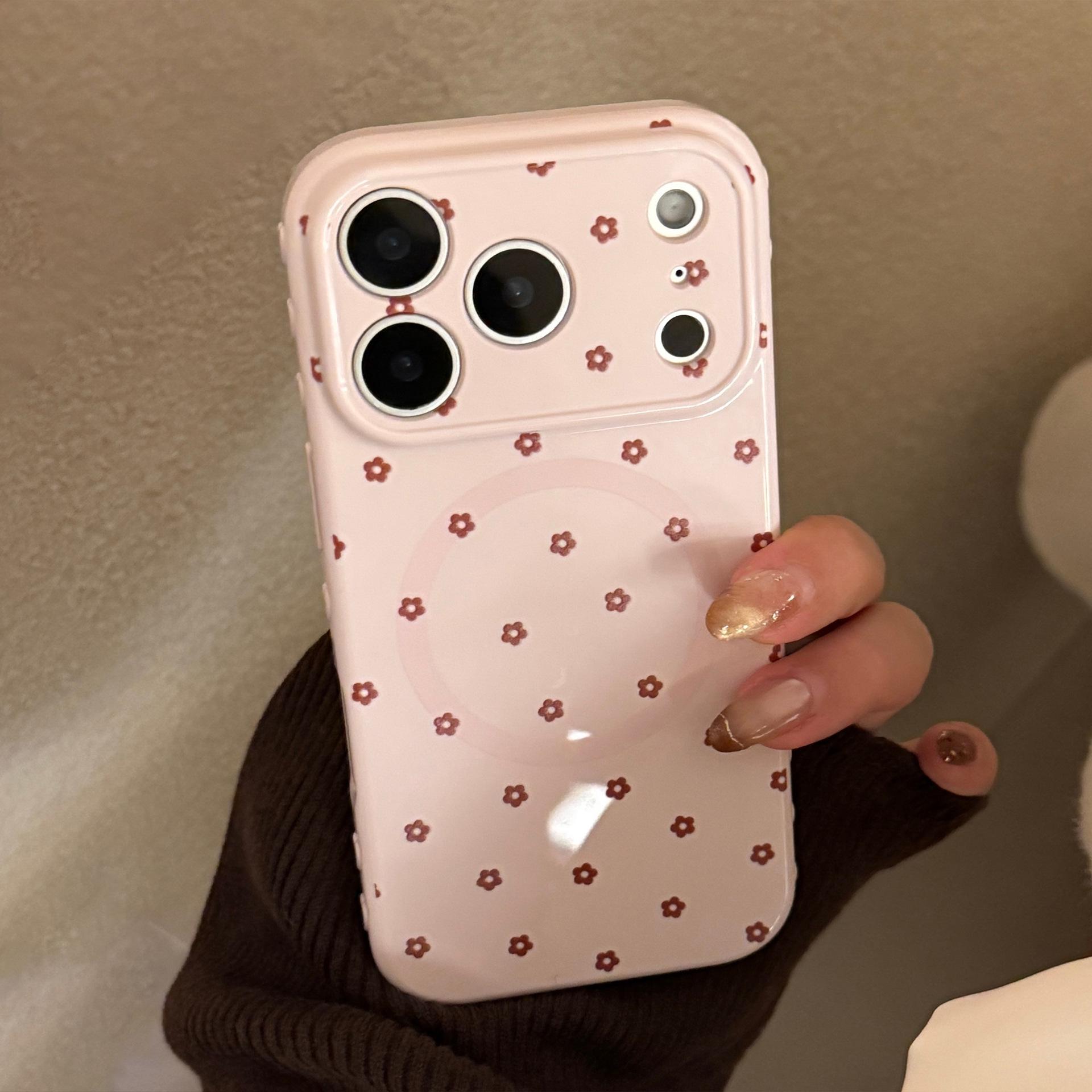 

Red-Brown Floral Magnetic Bracket Soft Case for Apple iPhones: 17, 16 Pro Max, 15, 14, and 13 14 Pro