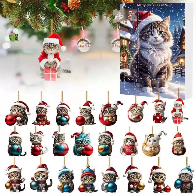 Katzen-Adventskalender – 24 Tage Weihnachts-Countdown mit niedlichen Kätzchen-Ornamenten, Acryl-Katzenbaum-Anhängern, Feiertagsdekorationsgeschenk