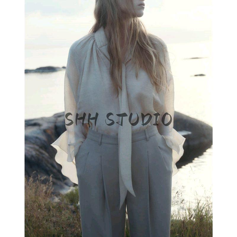 Summer New Product Women's Clothes Gathers Stand Collar Long Sleeves Fashion Casual Neckline Shoelace Sheer Top 1259011