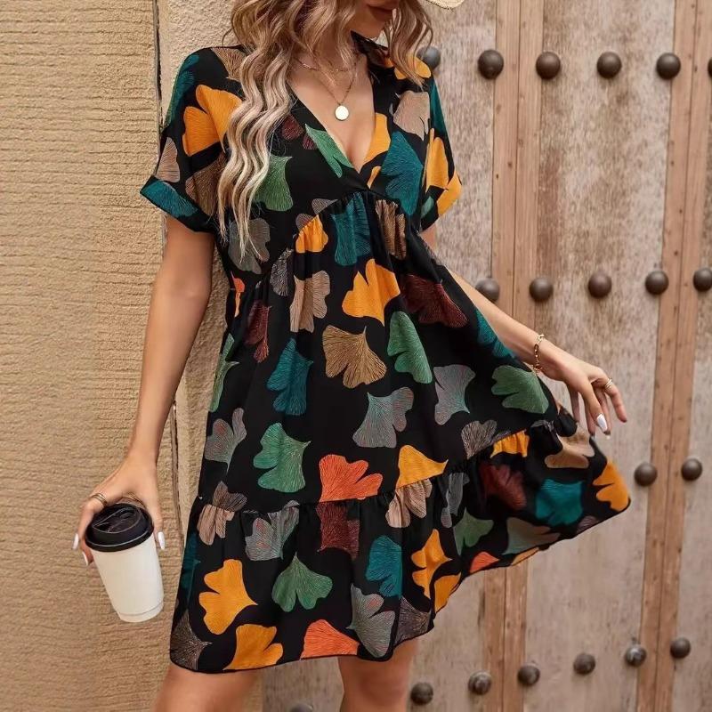 Women V Neck Short Sleeve Floral Printed Casual Slim A Line Mini Dress S чёрный