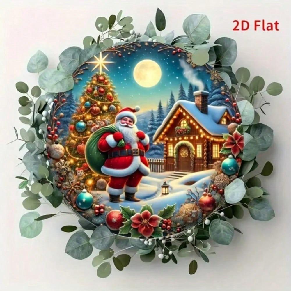 Christmas Round Metal Tin Plaque Santa Wreath Design for Front Door Wall Hanging Decor