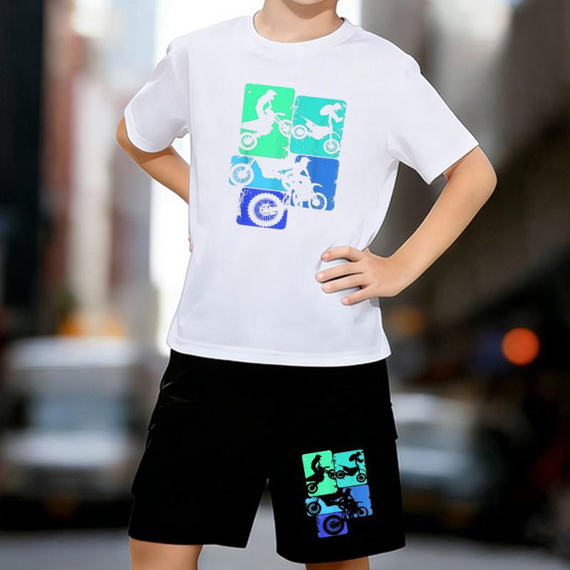 

Boys 2 Piece Off-road motorcycle themed printed outfit, Short Sleeve T-Shirt and Shorts Set for Kids Age 5-14,White Sporty Casual Summer Clothes 13-14 Years білий
