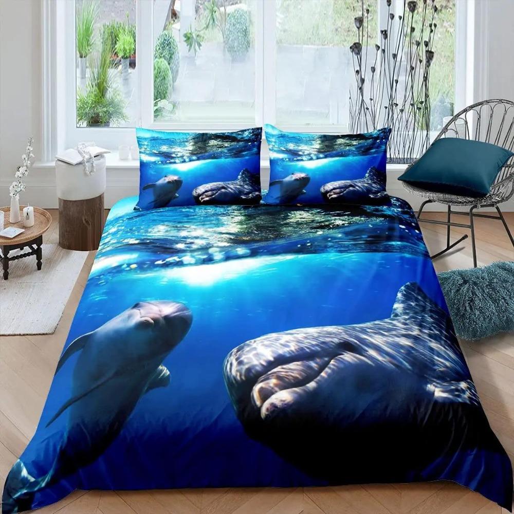 3D Dolphin Pattern Blue Ocean Queen King Size Bed Cover Animal Single Bedbag Pillowcase Children Adult Bed Polyester Bedding