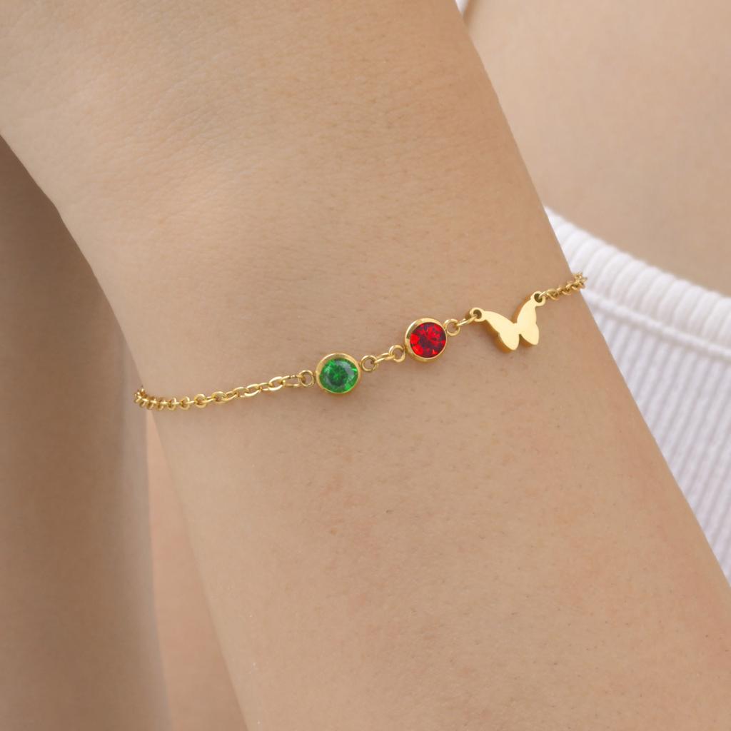 Bijoux Chaîne Plate en Acier Inoxydable Croix Zircon Rouge Vert Papillon Bracelet Doré Femme Br-2142