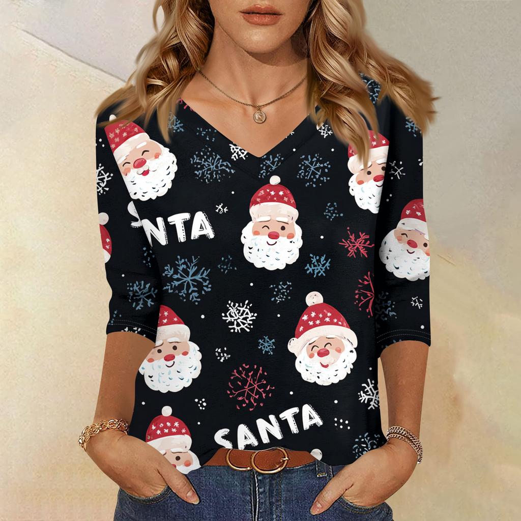 Women's T Shirt CHristmas Print 3/4 Sleeve Daily Weekend Fashion Basic V- Neck Regular Top