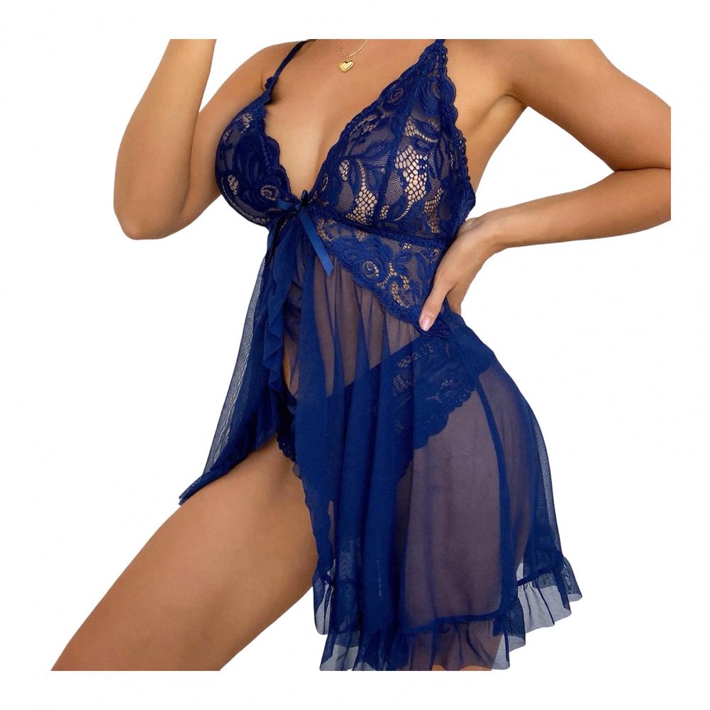Spaghetti Strap Mini Sleep Dress Women Sexy Nightgown Set See-through Mesh Lace Nightdress Thong 1 Piece Set Babydoll Sleepwear