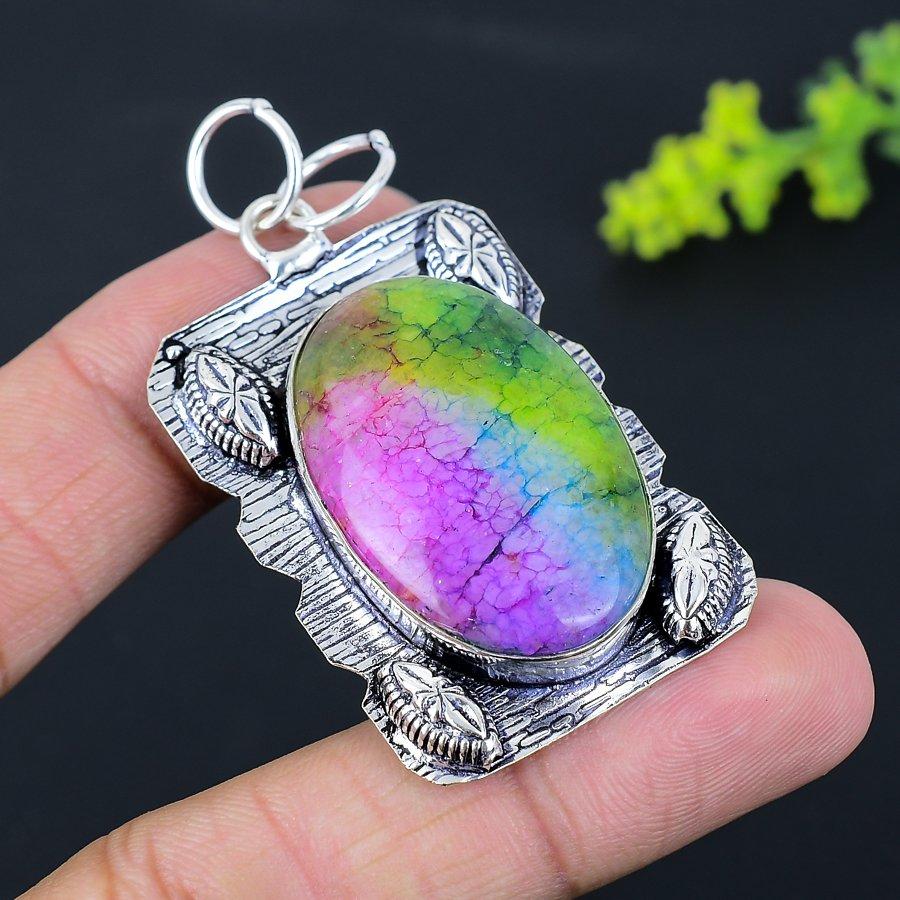 Regenbogen Solarquarz Edelstein Handgefertigt 925 Sterlingsilber Anhänger 2.40" F5y24