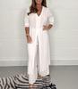 Women's V-Neck Long-Sleeve Slit Top with Wide-Leg Pants - Summer Solid Color Set