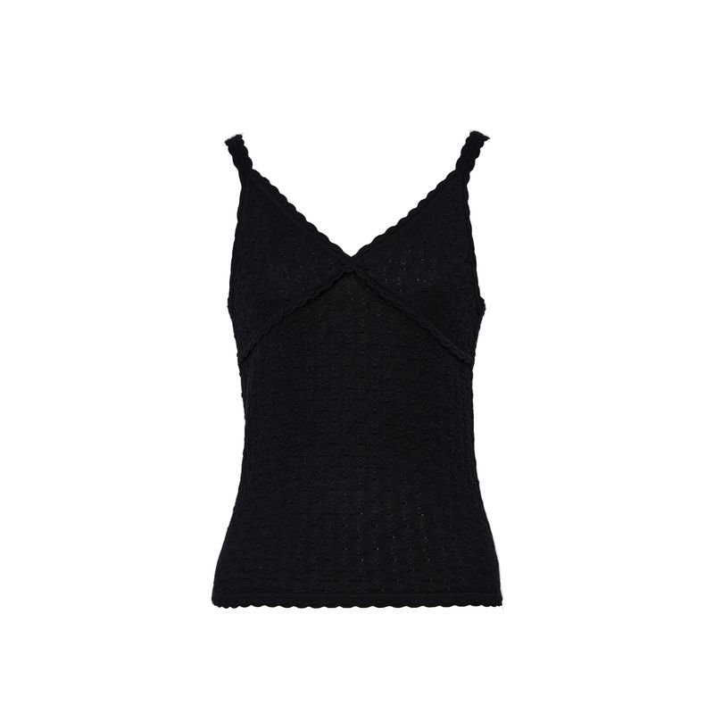 

Blacknini (Two Colors) Small Polka Dot Single-Sided Drum Wave Mulberry Silk Silk Cotton Blended Knitting Camisole Textured Knitting Strap-Black((In Stock)) L