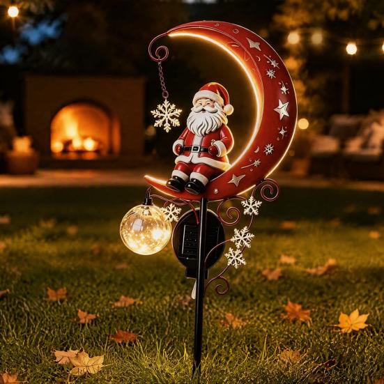 Festive Lawn Ornament 31 Inch Solar-Powered Christmas Garden Stake Light, Santa Claus On A Moon LED Pathway Solar Light with Snowflake Charm,