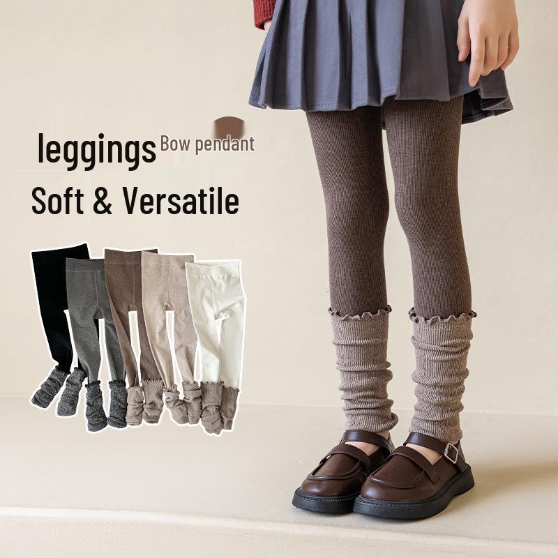 Children's Golden Brown Two-Piece Scrunched Socks & Warm Leggings Set for Autumn/Winter
