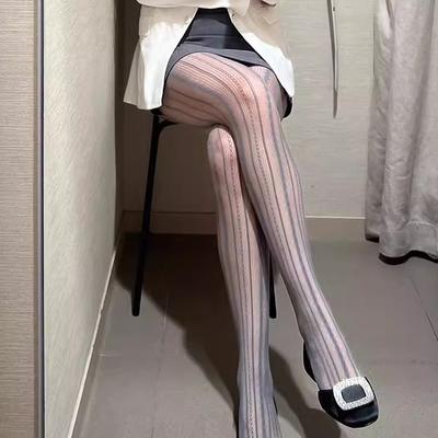 Spring and Summer Thin Striped Hollow Pantyhose Sexy Vertical Jacquard Lace Twist Thin Bottom Net Socks