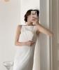 Waist-Cinching Textured Pearl White Maxi Dress - French Pearlescent Camisole Design