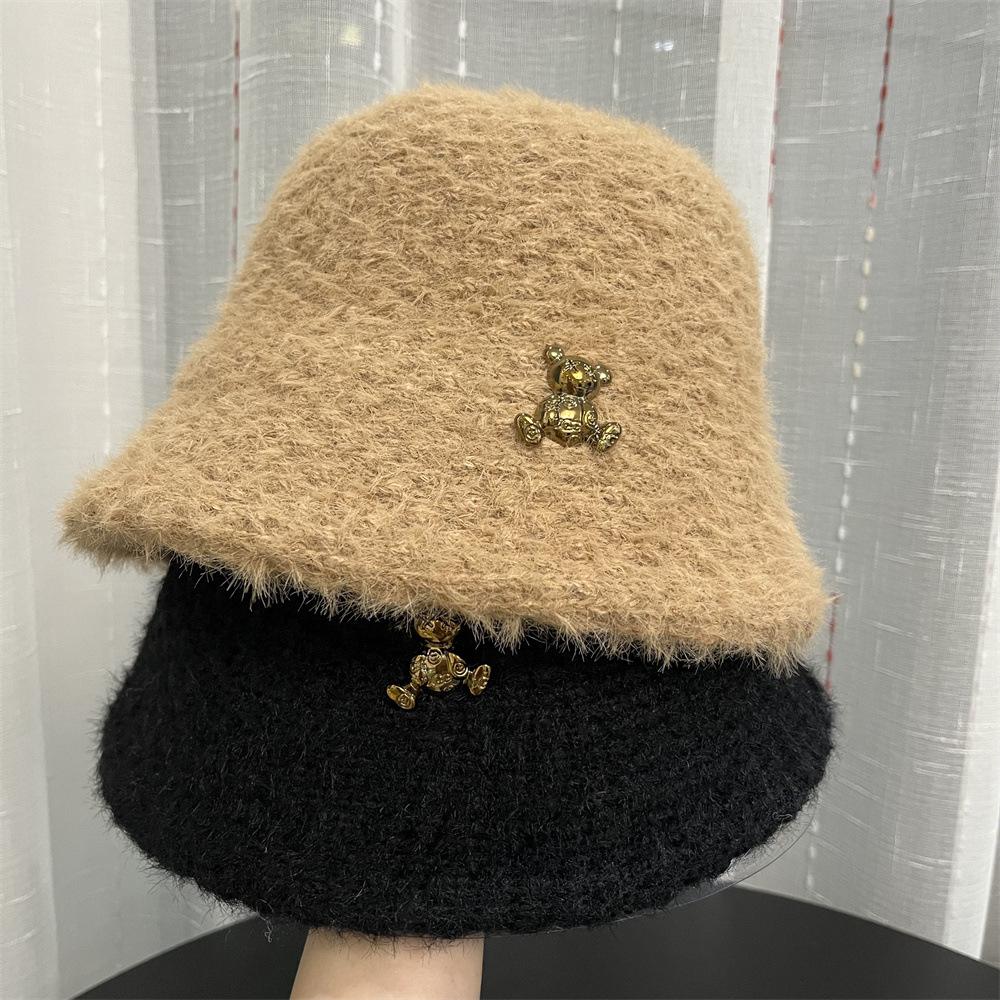 Bucket hat plush hat female winter cute bear rabbit fur bucket hat winter warm washbasin hat female