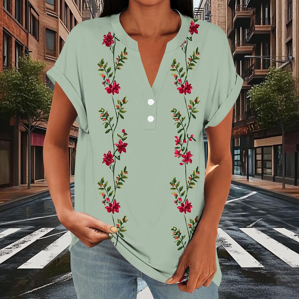 Women Casual Loose Fit Short Sleeve V Neck Button Floral Print Top Lightweight Summer Blouse