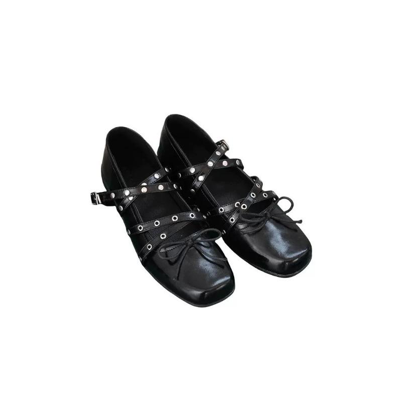 Edition~ Red Bow Small Single Shoes Women's Spring and Summer Leather Retro Shallow Rivet Ballet Flats