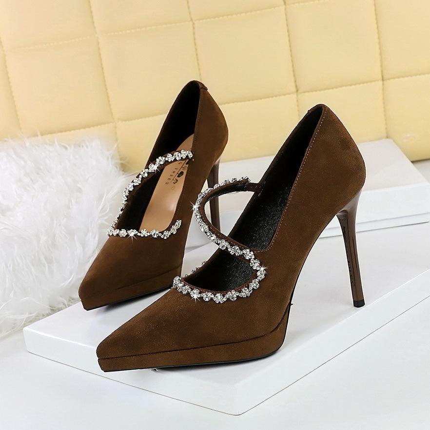 Fashion High Heels 10.5cm Women's Pumps Stiletto Suede Pointed Toe Waterproof Platform Ladies Banquet Rhinestone Decoration Single Shoes
