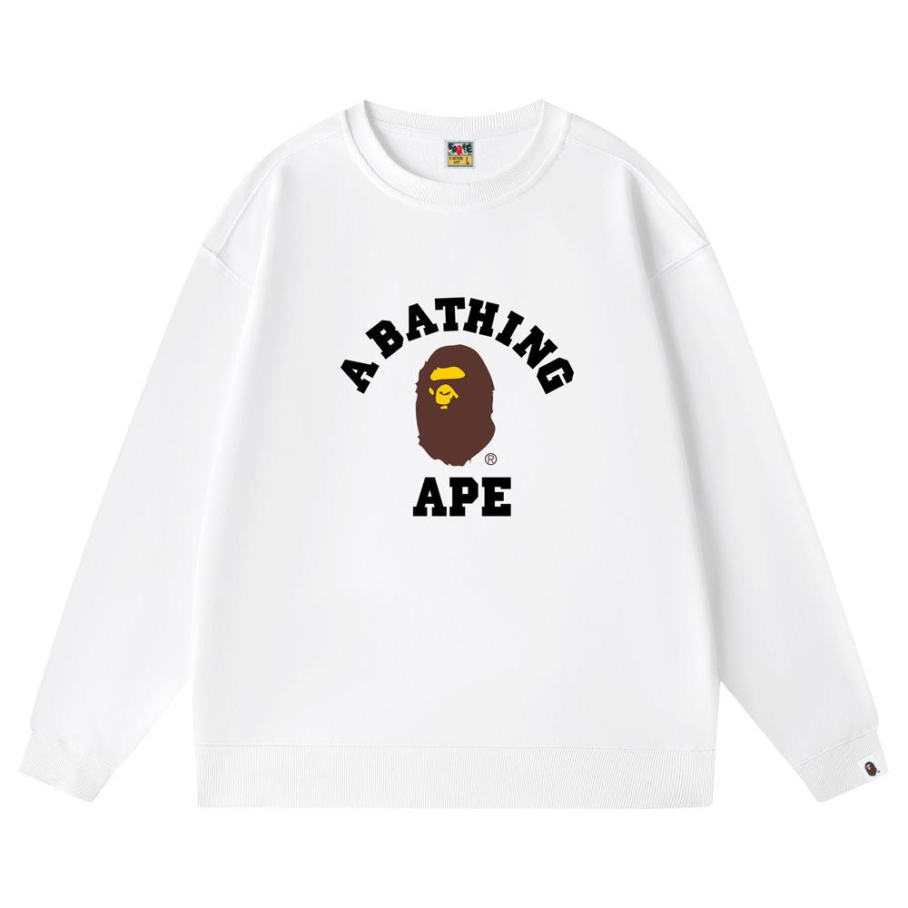 BAPE Spring/Autumn Pure Cotton Terry Men's Sweatshirt - Round Neck, Letter Print, Loose Fit, Unisex, Trendy Monkey Head Design