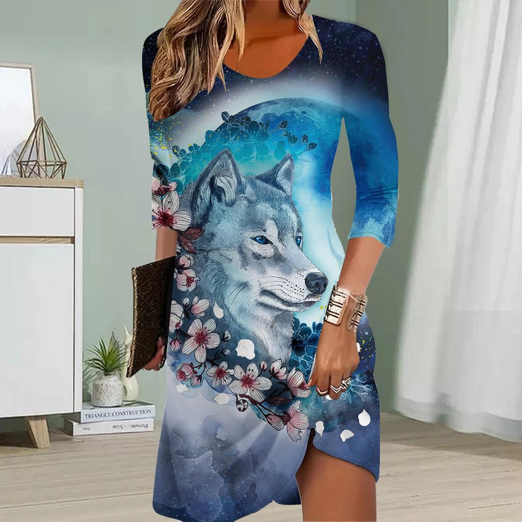 Women Casual Dress Autumn Puppy Print Dresses For Women O-neck Short Sleeve Dress Plus Size