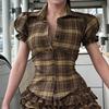 European and American college style retro plaid contrasting bubble sleeves slim slim lapel breasted short-sleeved shirt T-shirt