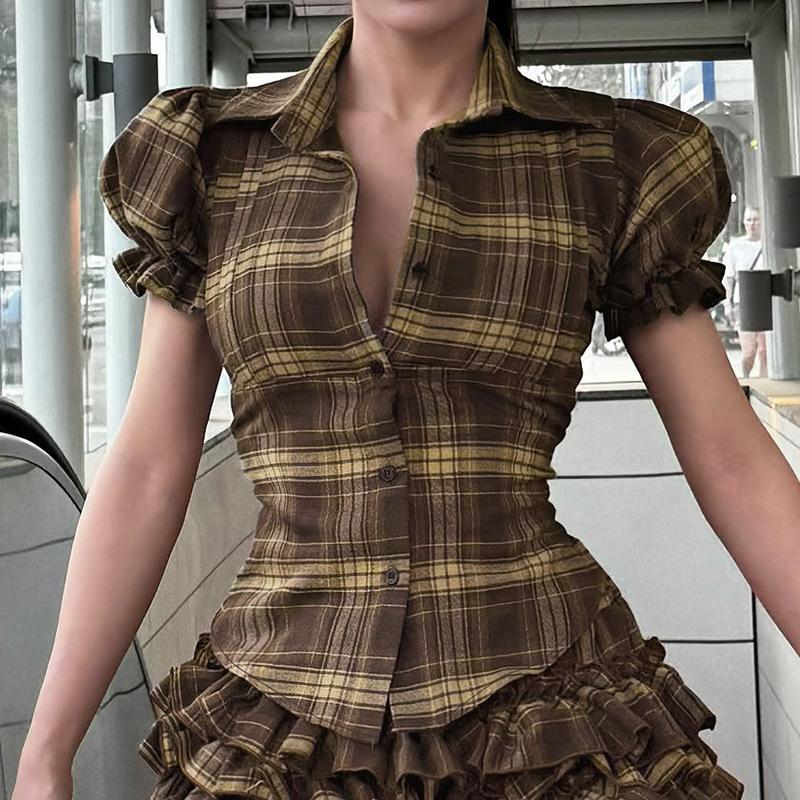 European and American college style retro plaid contrasting bubble sleeves slim slim lapel breasted short-sleeved shirt T-shirt