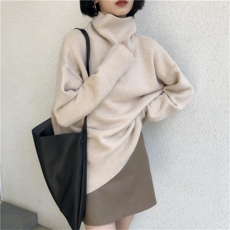 Autumn and winter explosion high-grade lazy style solid color knitted bottoming shirt thin top turtleneck pullover women's casual
