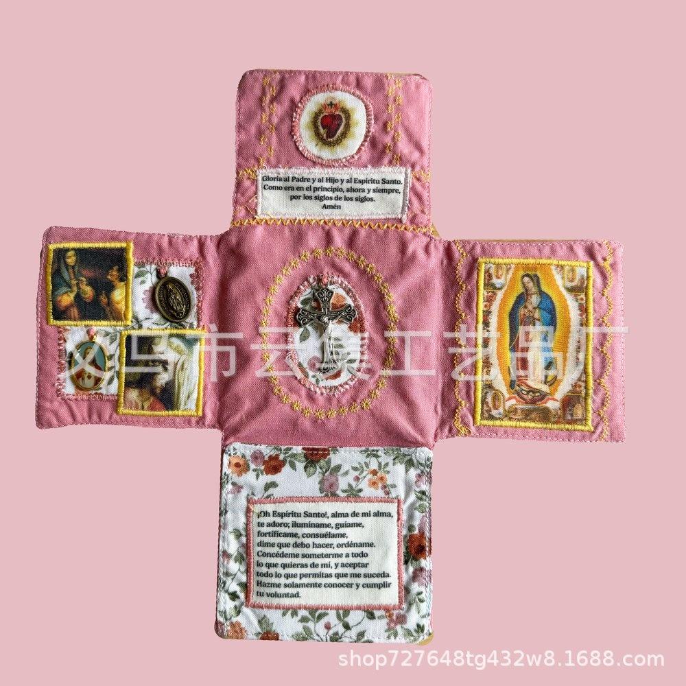 Bolsa Devocional Católica de Tecido em Forma de Cruz Feita à Mão com Crucifixo Imagem de Santo Virgem Maria para Uso Diário na Fé