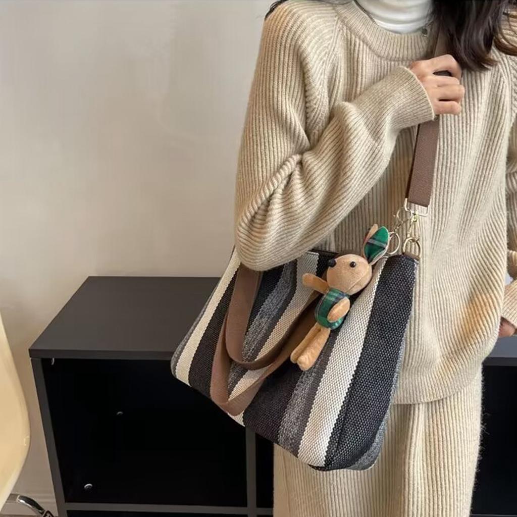 Large Capacity Striped Shoulder Bag Fashion Casual Handbag Stylish Tote Messenger Bag.
