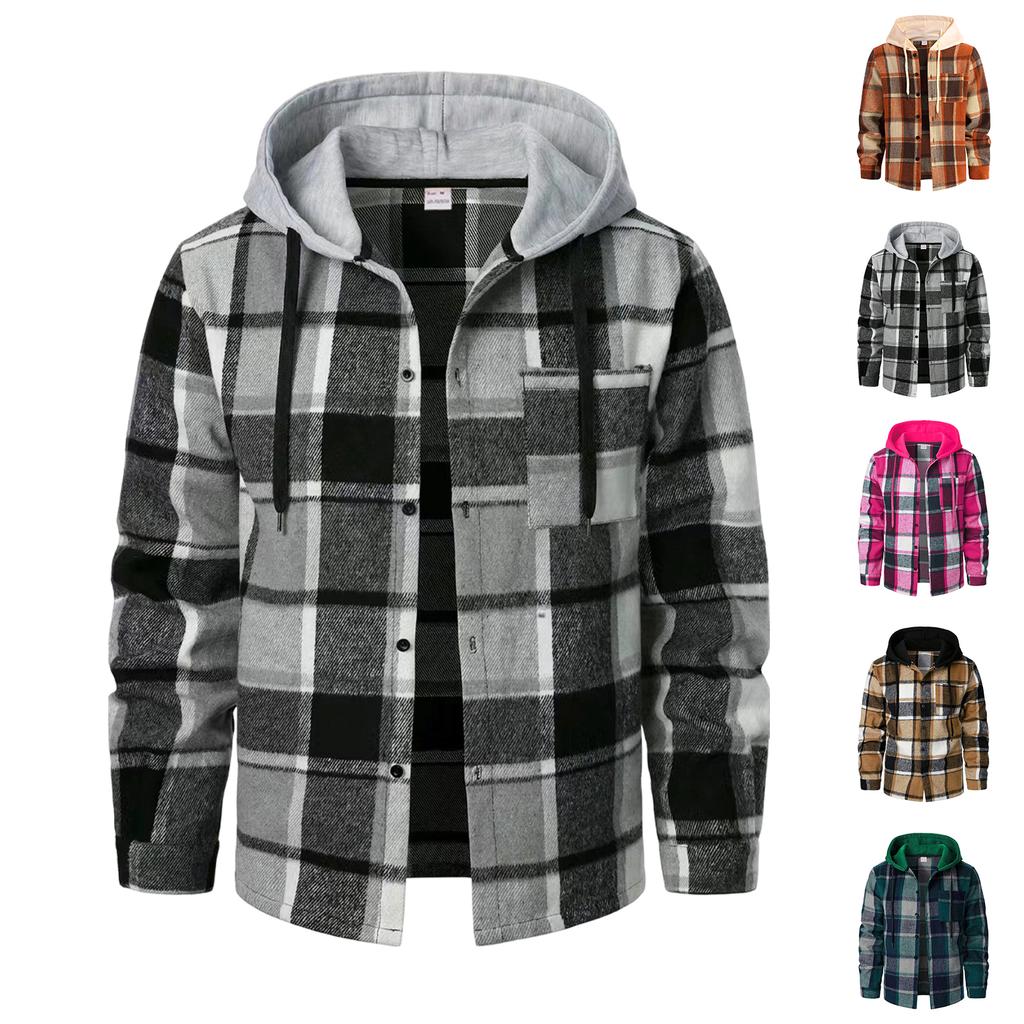 Men's Hooded Plaid Shirt Casual Loose Fit Jacket for Fall and Winter